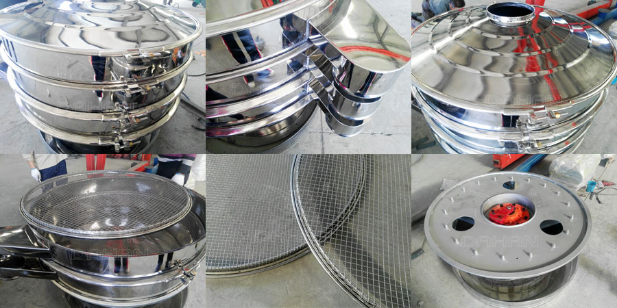 藕粉振動(dòng)篩細(xì)節(jié)：鎖緊扣，出料口，防塵蓋，篩網(wǎng)，振動(dòng)底座。