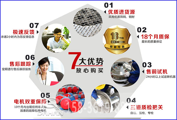 大漢食品振動篩的7大優(yōu)勢：優(yōu)質(zhì)進(jìn)貨源，售后跟蹤，售前試機(jī)等。