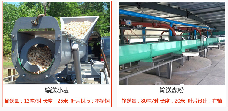 絞龍螺旋輸送機輸送小麥輸送量在12噸/時，長度為25米，葉片采用不銹鋼材質；輸送水泥輸送量在80噸/時，長度為20米，葉片設計為有軸。