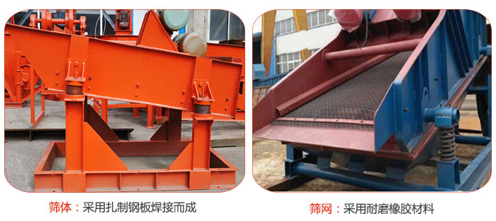 礦用振動(dòng)篩特點(diǎn)：篩體采用扎制鋼板焊接而成，篩網(wǎng)采用耐磨橡膠材質(zhì)