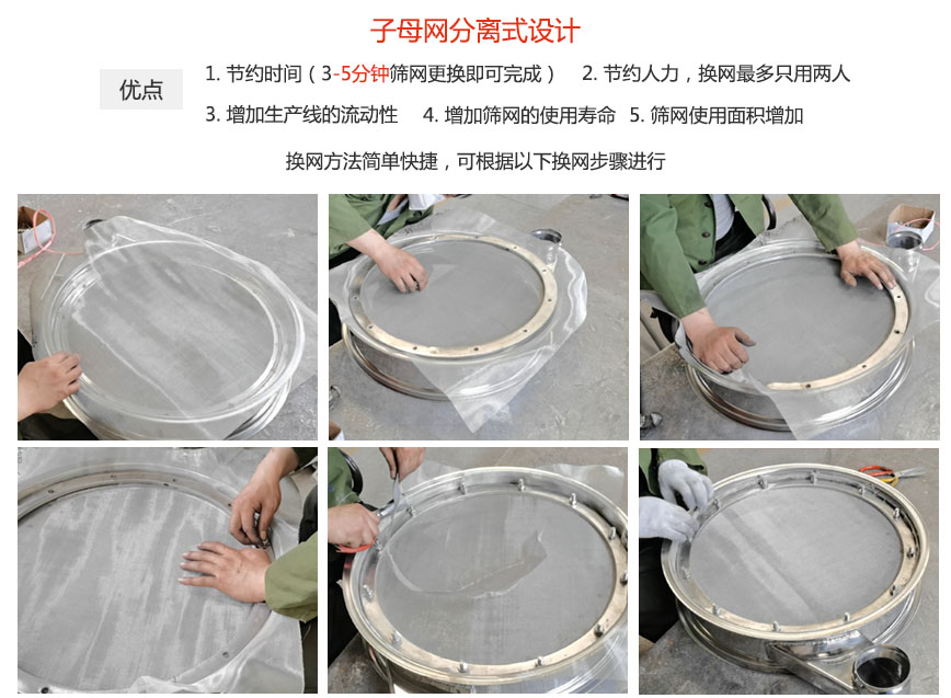 大漢振動機械換網優勢：1，節省時間（3-5分鐘篩網更換即可完成）2，節省人力，換網只有兩人。3.增加生產線的流暢性。4.增加篩網壽命，彈跳球不直接撞擊子網。5.篩網使用面積增加。