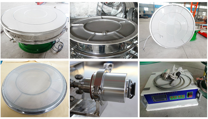 超聲波旋振篩網架，篩框，超聲波換能器，超聲波電源等細節(jié)展示。