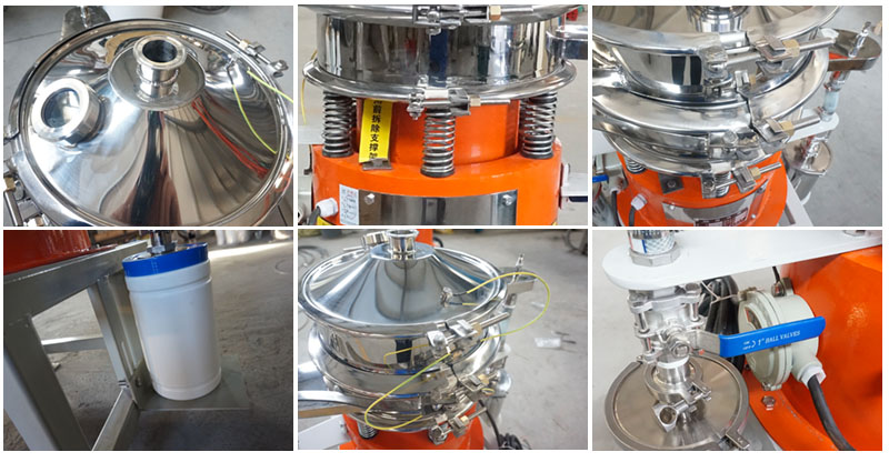 氣體保護超聲波振動篩細節：控制閥，料罐，篩網。