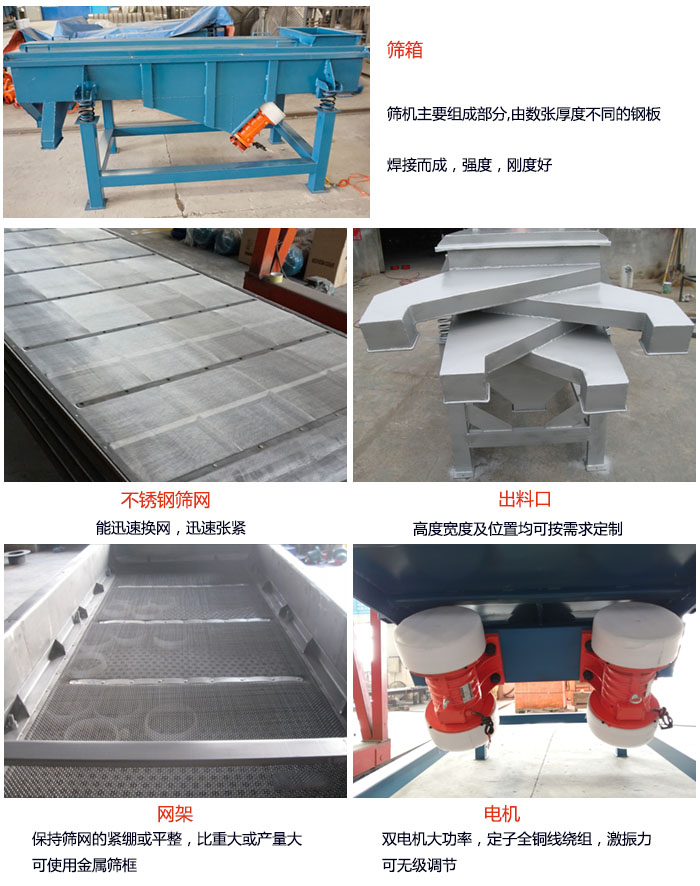 520型直線振動(dòng)篩結(jié)構(gòu)：篩箱：篩機(jī)主要組成部分，由數(shù)張厚度不同的鋼板焊制而成，強(qiáng)度，剛度好。不銹鋼篩網(wǎng)：能迅速換網(wǎng)，迅速張緊。電機(jī)：雙電機(jī)大功率，定子全銅線繞組，激振力可無極調(diào)節(jié)。網(wǎng)架：保持篩網(wǎng)的緊繃和平整，比重大或產(chǎn)量大時(shí)可使用金屬篩框。出料口：高度寬度及位置均可按照用戶的要求來定制。