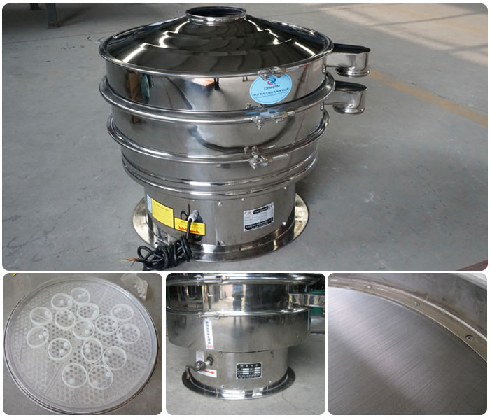 1000型全不銹鋼振動(dòng)篩細(xì)節(jié)展示：振動(dòng)篩網(wǎng)，震動(dòng)篩底座，振動(dòng)篩篩網(wǎng)。