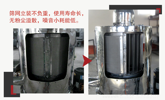 氣流篩采用立式篩網(wǎng)，不受物料的沖擊力的影響，篩網(wǎng)使用壽命長(zhǎng)
