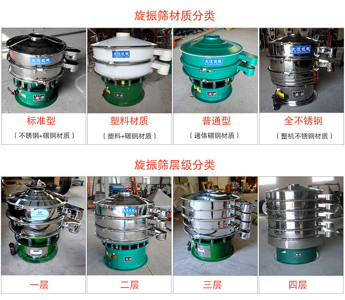 旋振篩材質分類：塑料，全不銹鋼等旋振篩層級分類：一層，兩層，三層，四層等。